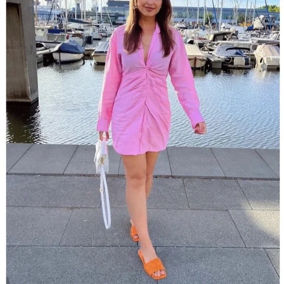 Zara long sleeves pink v neck mini dress — collared blazer style ruched detail - Picture 5 of 10